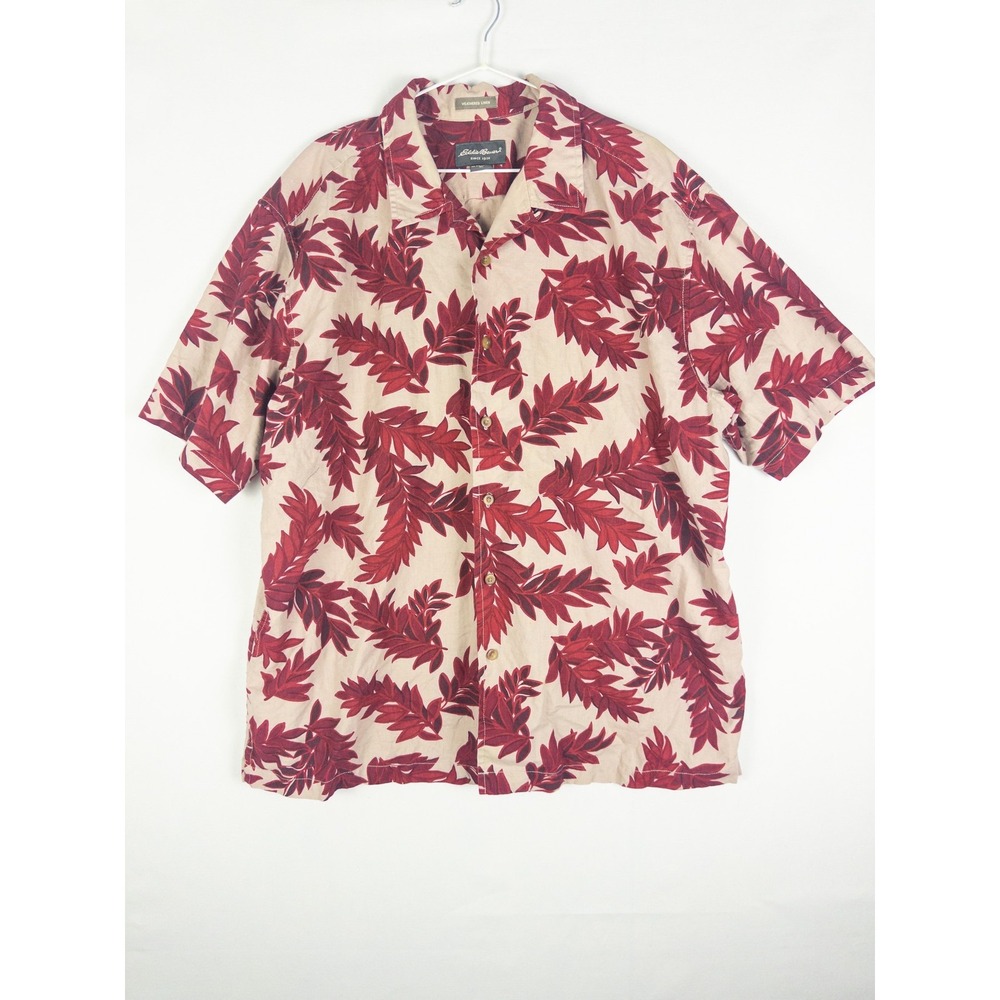 Eddie Bauer Weathered Linen Hawaiian Shirt Mens XL Tan Red Tropical Beach Resort